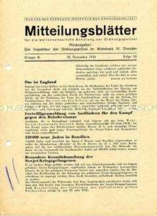 Mitteilungsblatt der Ordnungspolizei Dresden für die "weltanschauliche Schulung" u.a. zur Auswanderung von Juden und über sowjetische Kriegsgefangene