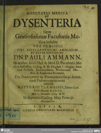 Disputatio Medica De Dysenteria