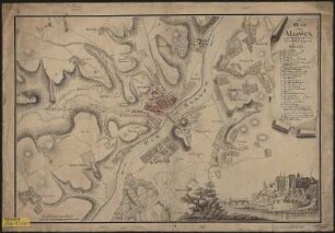 Plan von Meißen, ca. 1:11 000, Handzeichng, um 1750 : Plan von Meissen nebst der daselbst herum befindlichen Gegend. - [Ca. 1:11 000]. - [S.l.] , [ca. 1750]. - 1 Kt. : kolor. Handzeichng. , 54 x 37 cm Mit Gebäudekennung, Kartusche und Ansicht der der Burg