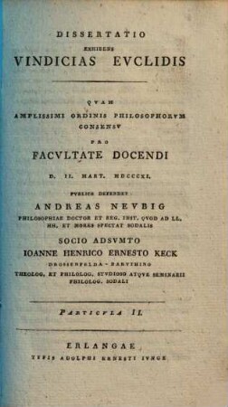 Dissertatio inauguralis, exhibens vindicias Euclidis, Particula 2
