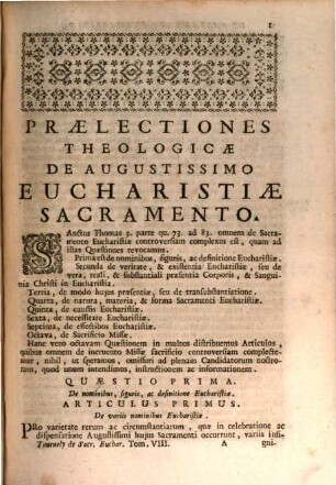 Praelectiones Theologicae De Augustissimo Eucharistiae Sacramento