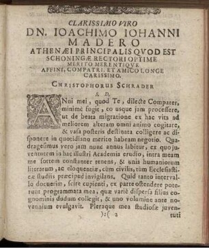 Clarissimo Viro Dn. Joachimo Johanni Madero [...]