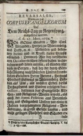 Reversales, Welche an das Corpus Evangelicorum Auf dem Reichs-Tag zu Regenspurg ausgestellet worden.