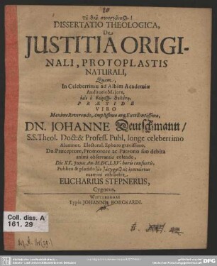 Dissertatio theologica, de justitia originali, protoplastis naturali