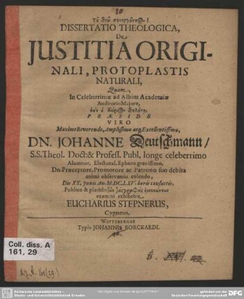 Dissertatio theologica, de justitia originali, protoplastis naturali