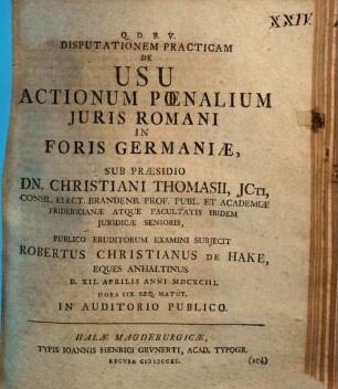 Disp. pract. de usu actionum poenalium iuris Romani in foris Germaniae
