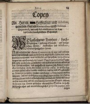 No. 1. Copey An Herren Hoffrichter und Assessores ...