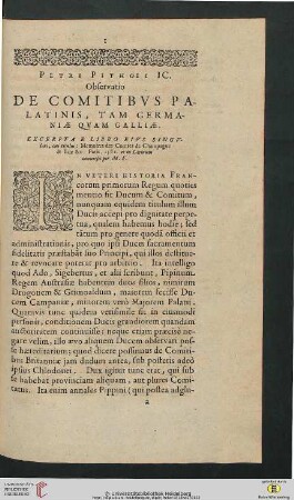 Petri Pithoei Observatio de Comitibus Palatinis
