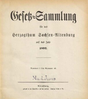 Gesetz-Sammlung für das Herzogthum Sachsen-Altenburg : auf das Jahr .... 1892