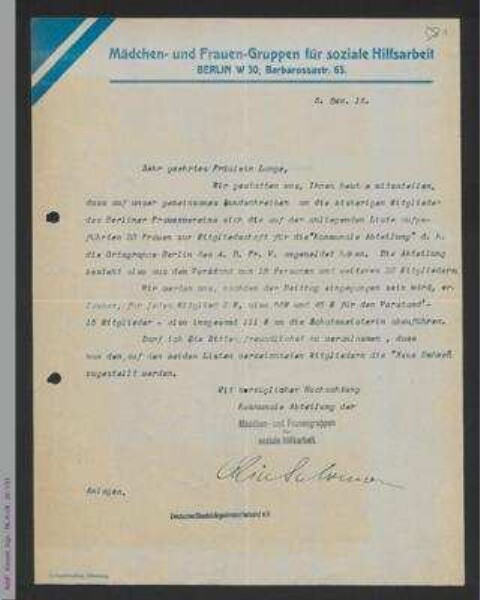Brief von Alice Salomon an Helene Lange