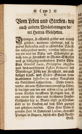 V. Vom Leben und Sterben, wie auch andern Veränderungen derer Herren Gelehrten.