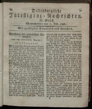 III. Stück. Sonnabends: den 16. Jan. 1796.