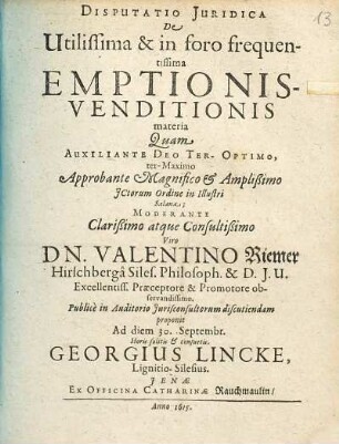 Disputatio Iuridica De Utilissima & in foro frequentissima Emptionis-Venditionis materia