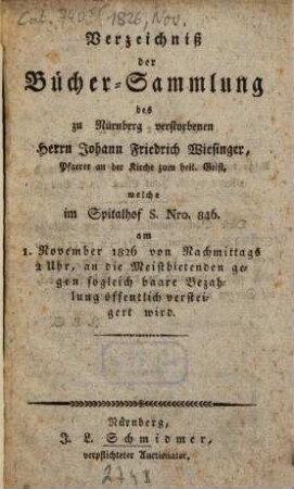 Verzeichniss .... 1826,11, 1826, Nov.