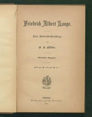 Friedrich Albert Lange : eine Lebensbeschreibung