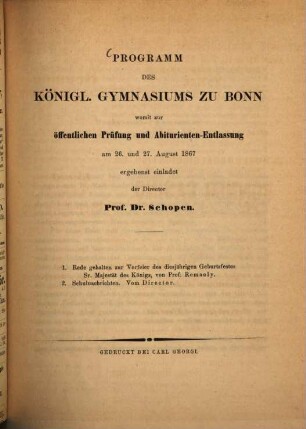 Programm des Königlichen Gymnasiums zu Bonn : Schuljahr ..., 1866/67
