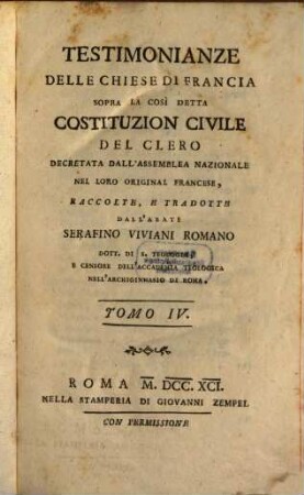 Testimonianze Delle Chiese Di Francia Sopra La Cosi Detta Costituzion Civile Del Clero : Decretta Dall'Assemblea Nazionale, 4