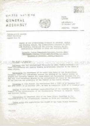 Informationsblatt über einen Antrag der DDR und anderer Staaten an die UN-Vollversammlung zum Thema ökonomische, soziale und kulturelle Rechte