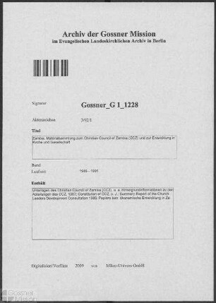 Zambia. Materialsammlung zum Christian Council of Zambia (CCZ) und zur Entwicklung