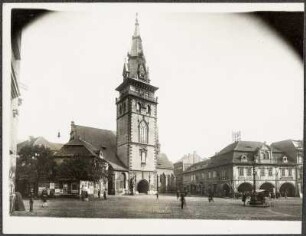 Komotau (Chomutov/Tschechische Republik). Marktplatz, Rathaus und Stadtturm