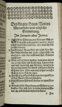 Des klugen Haus-Vaters Monatliche und nützliche Erinnerung.