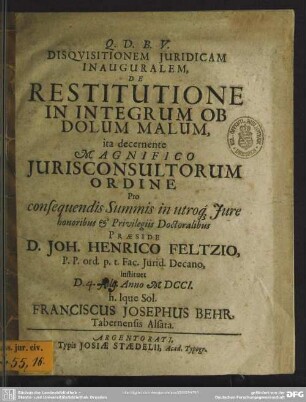 Disqvisitionem Juridicam Inauguralem De Restitutione In Integrum Ob Dolum Malum