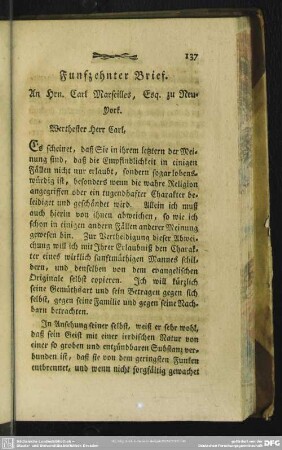Funfzehnter Brief. An Hrn. Carl Marseilles, Esq. zu Neu-York