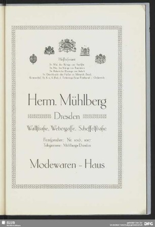 Werbung: Herm. Mühlberg Dresden. Modewaren