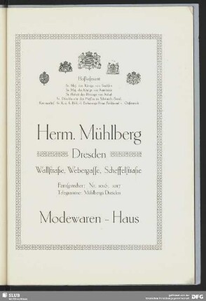 Werbung: Herm. Mühlberg Dresden. Modewaren