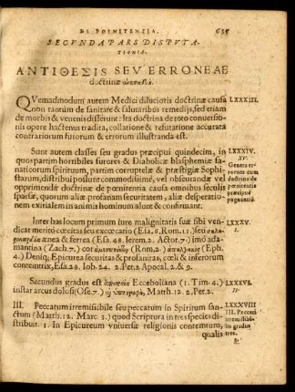 Secunda Pars Disputationis. Antithesis Seu Erroneae doctrinae ....