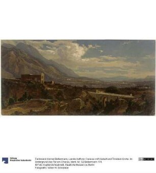 Landschaft von Caracas mit Viadukt und Trinidad-Kirche. Im Hintergrund das Tal von Chacao