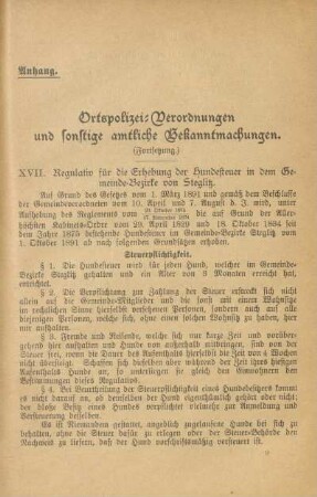 Anhang. Ortspolizei-Verordnungen und sonstige amtliche Bekanntmachungen
