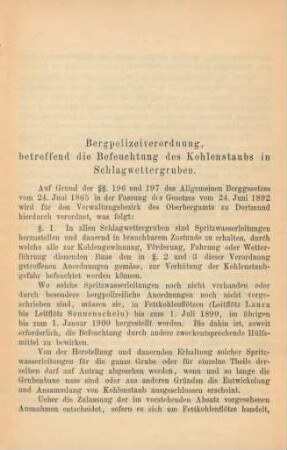 Bergpolizeiverordnung, betreffend die Befeuchtung des Kohlenstaubs in Schlagwettergruben.