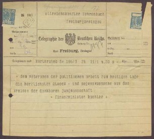Glückwunschtelegramm zum 70. Geburtstag für Constantin Fehrenbach von Heinrich Köhler, Karlsruhe