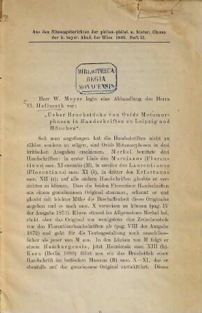 Ueber Bruchstücke von Ovids Metamorphosen in Handschriften zu Leipzig und München