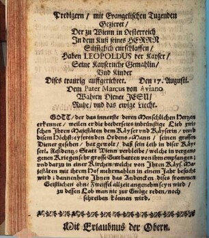 Warhafftiger Bericht von dem Todt, Leich-Begängnuß und Begräbnuß deß ehrwürdigen P. Marcus von Aviano, Predigern, Capuciner-Ordens, etc.