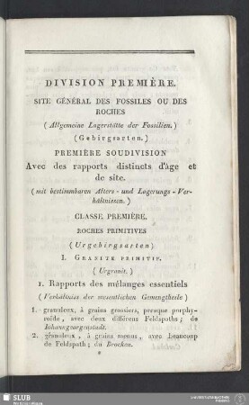 Division première. Site Général des Fossiles ou des Roches