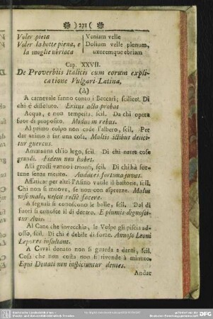 Cap. XXVII. De Proverbiis Italicis cum eorum explicatione Vulgari-Latina