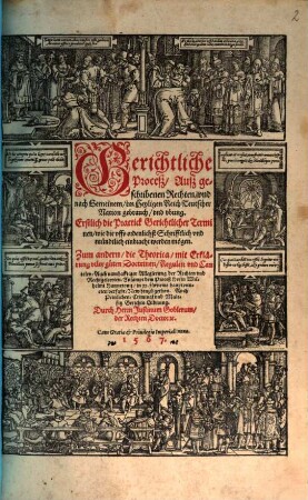 Gerichtliche Proceß, Auß geschribenen Rechten, vnd nach Gemeinem, im Heyligen Reich teutscher Nation gebrauch, vnd vbung : Erstlich die Practick Gerichtlicher Terminen ... Zum andern, die Theorica, mit Erklärung viler guten Doctrinen ...