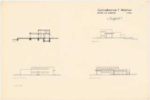 Gymnastikschule am See Monatskonkurrenz Dezember 1932: Aufriss Straßenansicht, Gartenansicht, Seitenansicht, Längsschnitt 1:200