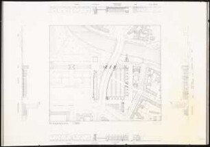 Architektur-Archiv, Karl Friedrich Schinkel gewidmet, Wohnbebauung in Beziehung zu Spree und Schloss Charlottenburg, Berlin Schinkelwettbewerb 1981: Lageplan, Ansichten, Grundriss Erdgeschoss vom Architektur-Archiv 1:1000
