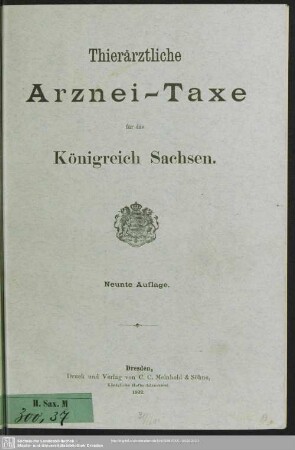 9.1902: Thierärztliche Arznei-Taxe für das Königreich Sachsen