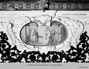 Ausmalung des Oratorio della Santissima Trinità : Wanddekoration : Heilige und Selige der Familie Piccolomini: Der selige Bindus Piccolomini straft einen gierigen Bruder