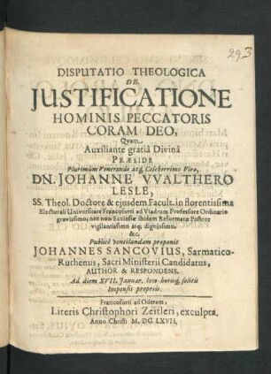 Disputatio Theologica De Iustificatione Hominis Peccatoris Coram Deo