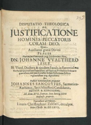 Disputatio Theologica De Iustificatione Hominis Peccatoris Coram Deo