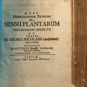 Q. D. B. V. Dissertationem Physicam De Sensu Plantarum