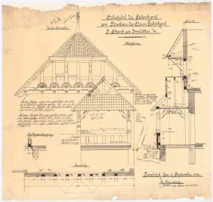 Wohnhaus J. Schaub, Emsdetten: Holzgiebel der Seitenfront, Ansicht, Schnitt, Grundriss und Details 1:20