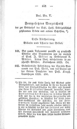 Anl. No. V. Fortgesetztes Verzeichniß der zur Bibliothek der Schl. Holst. Bibelgesellschaft gehörenden Bibeln und andern Schriften.