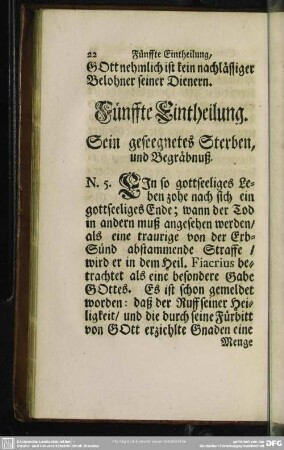 Fünffte Eintheilung. Sein geseegnetes Sterben, und Begräbnuß