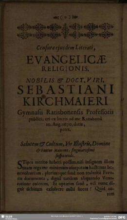 Censura ejusdam Literati, Evangelicae Religionis
